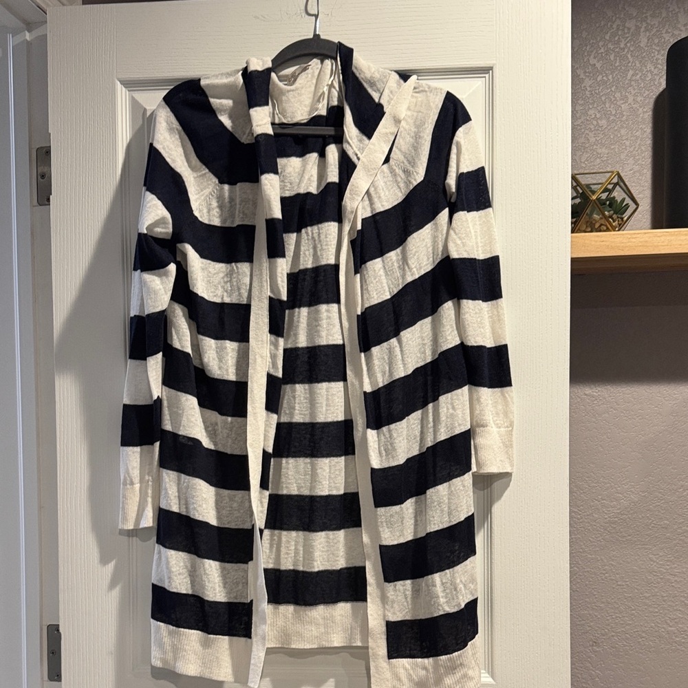 LOFT Navy and Cream Striped Open Cardigan
